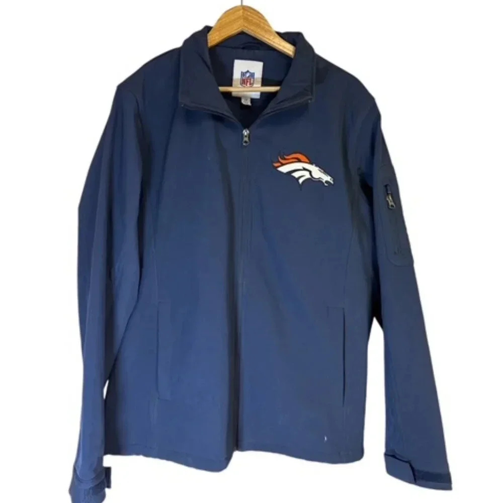 NFL Denver Broncos Mens Large Jacket Full Zip Navy Blue‎ and Embroidered Bronco